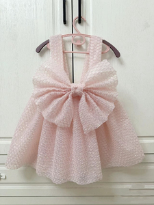 环保服装儿童时装秀粉红色心性气泡膜手工制作蝴蝶结连衣裙亲子装