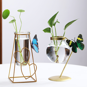 铁艺花架简约透明玻璃水培绿萝花插创意客厅桌面摆件装饰花瓶花器
