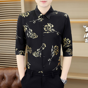 韩版个性时髦短袖衬衫男士夏季潮牌烫金印花半中袖靓仔痞帅气衬衣