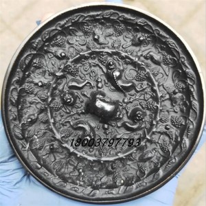 黑漆古铜锈青铜器海兽葡萄镜子 包老浆古玩古董收藏品老铜器 特价