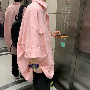 粉色衬衫男短袖2024夏季薄款港风潮牌七分袖衬衣情侣工装寸衫外套