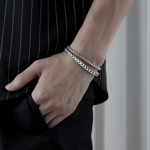 双层手链男生新款潮牌百搭高级感简约小众银色钛钢手饰品男士手链