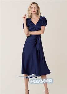 正品代购 DVF 19春夏深蓝色有领泡泡袖缎身裙连衣裙