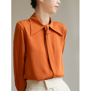 设计感小众尖领橙色衬衫女法式复古高级感温柔系缎面真丝漂亮衬衣