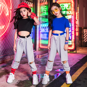 新款嘻哈女童街舞套装潮韩版露脐短袖上衣儿童爵士舞蹈表演出服装