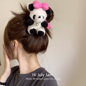 panda可爱立体熊猫搞怪发圈女2024新款卡通毛绒头绳扎发皮筋饰品