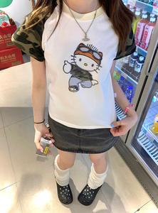韩版超好看拼色卡通猫咪短袖t恤女夏季修身显瘦气质休闲百搭上衣