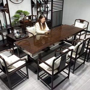 新中式奥坎实木大板茶桌椅组合家用黑檀色干泡台总裁办公桌大班台