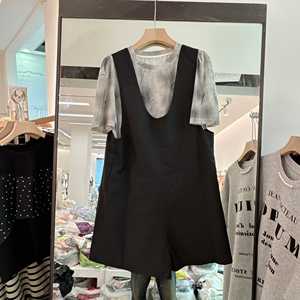 韩国96138网纱透气圆领T恤+背带连体裤两件套女时尚减龄套装洋气