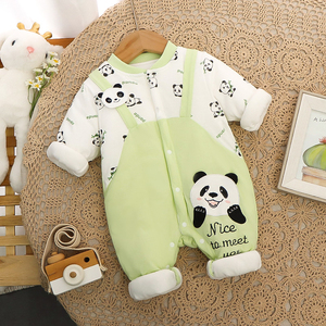 婴儿秋冬季夹棉连体衣男宝冬款棉服卡通熊猫假两件哈衣新生儿衣服