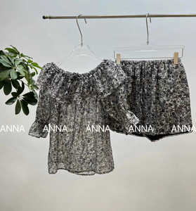 ANNA2024夏款新款时尚洋气松紧领口泡泡短袖衬衣宽腿短裤花套装女