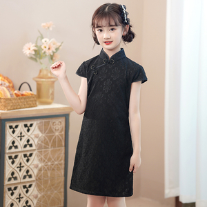 女童黑色蕾丝旗袍2024新款日常改良民国风中式儿童洋气礼服公主裙