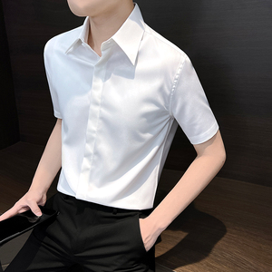 法式大领衬衫男士短袖高级感夏季2024新款男装冰丝夏天商务白衬衣