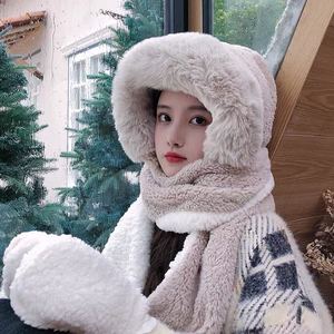韩版子围巾手套三件套一体女冬可爱双层加厚毛领围脖套 黑色毛球
