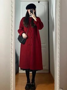 酒红色呢子大衣女秋冬新款vintage小个子赫本风中长款毛呢外套女