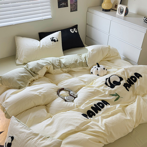 ins纯棉卡通可爱熊猫四件套双人裸睡被套全棉小清新床单床笠3件套