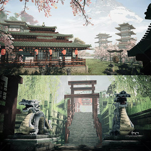 Unity3D富士山下日本庭院 HDRP 和风建筑鸟居宝塔 场景CG素材