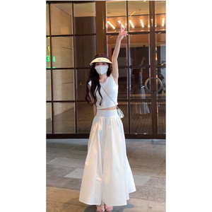 白色伞裙半身裙女2024新款夏季半裙高级感垂感长裙两件套套装裙子