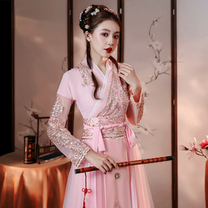 粉色汉服女中国风长袖改良齐腰古装仙气飘飘古典舞演出服飘逸超仙