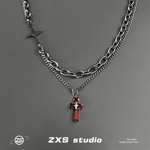 ZX高级感双层十字架星星吊牌项链男潮钛钢小众设计嘻哈风毛衣链女