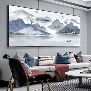 新中式客厅装饰画沙发背景后墙挂画山水画有框国画家和万事兴壁画