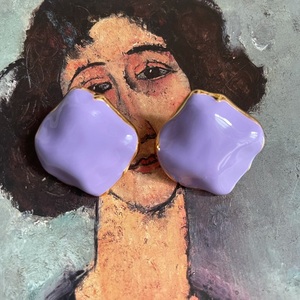 不规则复古香芋紫珐琅耳钉米白色滴釉耳环女甜美可爱油画风耳饰品