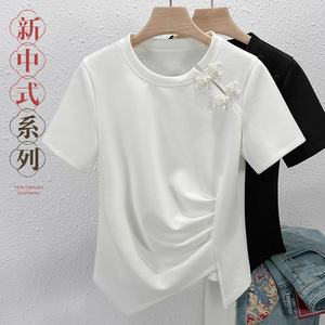 新中式国风盘扣白色T恤女短袖2024夏季设计感小众不规则褶皱上衣