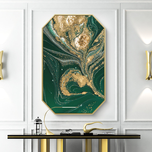 翡绿 现代轻奢装饰画创意八边形挂画 玄关金色壁画抽象艺术墨绿色