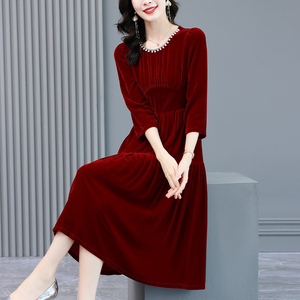 红色真丝绒连衣裙2024春新款高端珍珠名媛小洋装贵夫人宴会礼服裙