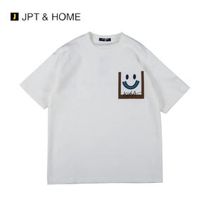 JPTHOME24夏美式复古男士宽松版字母印花笑脸图案型短袖圆领T恤