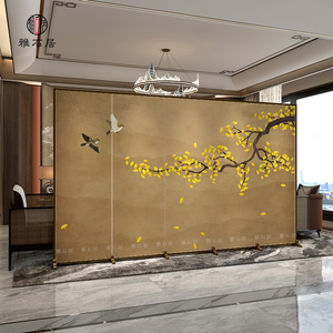 新中式花鸟屏风隔断客厅移动入户客厅茶室餐厅折叠不透油画布折屏