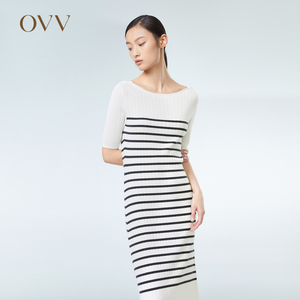 OVV2023春夏新款女装天丝精纺羊毛混纺条纹短袖针织连衣裙
