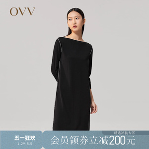 OVV秋冬女装丝棉混纺H型一字领中袖针织连衣裙