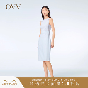 OVV2023春夏新款女装镂空蕾丝镶拼修身中长款休闲无袖连衣裙