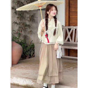 新中式女装中国风上衣春夏半身裙穿搭倒大袖禅意风茶服套装小个子