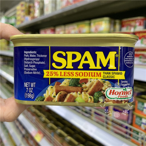 香港代购 美国进口荷美尔SPAM世棒25%少盐低钠火腿午餐肉罐头198g