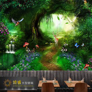 梦幻森林墙纸卡通大自然风景壁纸游乐园幼儿园童话世界儿童房墙布