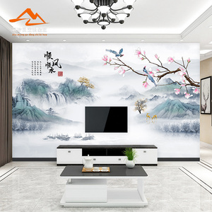 8D新中式水墨山水画墙纸电视背景墙壁纸客厅沙发影视墙布装饰壁画