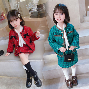 OKAIDI法国女童2024春秋款小香风套装儿童洋气韩版长袖裙装两件套