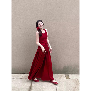 夏季红色复古感套装裙子女内搭修身背心高腰褶皱半身裙无袖连衣裙