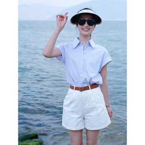 蓝色条纹Polo领短袖t恤女夏季翻领小飞袖衬衣宽松短款小个子上衣