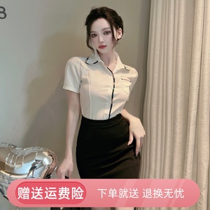 性感白领职业工作服女修身显瘦短袖白衬衫包臀短裙前台制服套装夏