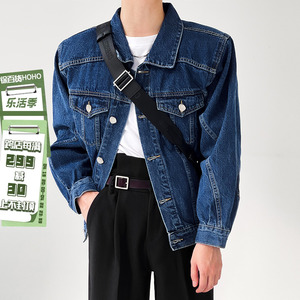 韩国INS秋冬高级感垫肩牛仔衣男纯色外套复古夹克90年代免烫短款