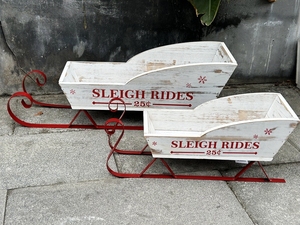 包邮促销 外贸原单 美式复古做旧铁艺木质套二雪橇车收纳花盆架