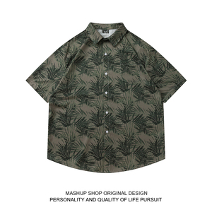 混搭商店ALOHA SHIRTS 国潮设计感个性绿色叶子印花沙滩短袖衬衫