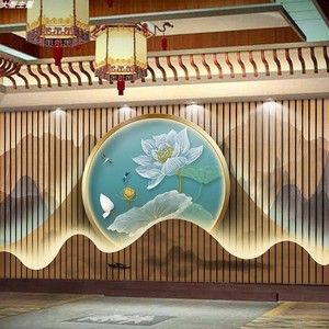 新中式禅意佛手墙纸客厅8d立体山水画佛堂背景墙装饰茶室茶舍壁纸