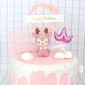 蛋糕装饰摆件粉色卡通小鹿超可爱蛋糕摆件梦幻梅花麋鹿蝴蝶结装扮