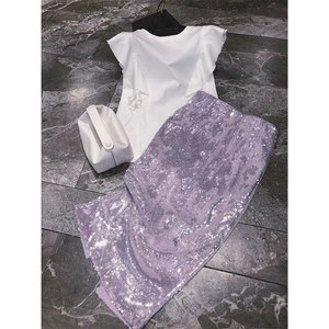 夏装女装高级感小个子套装盐系轻熟白色T恤紫色包臀半身裙两件套