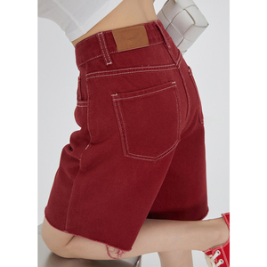 LFSTUDIO 美式红色复古牛仔直筒五分裤夏季毛边高腰小个子短裤