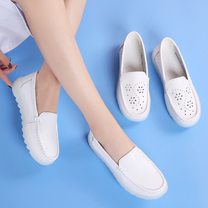白色护士鞋女洞洞不累脚软皮软底坡跟平底真皮防滑镂空透气医护鞋